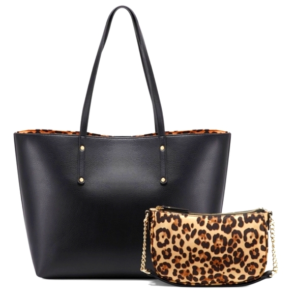 🏷️INC 2PC Zoiey Large Black Tote Plus Bonus Leopard Shoulder Bag - Picture 2 of 13